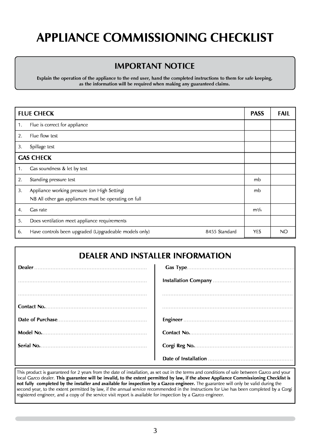 Stovax 8455 manual Appliance Commissioning Checklist, IMPORTaNT NOTICE, Dealer And Installer Information 